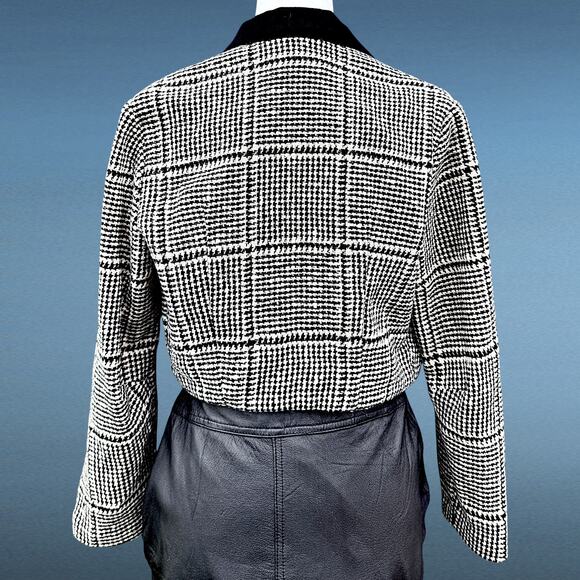 Vintage 60s Wool Houndstooth Cropped Blazer Black & White XS–S - Picture 13 of 16